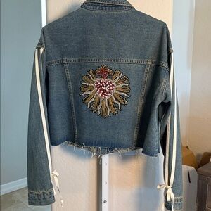 April Kiss Cropped Blue Jean Jacket with embellished patch